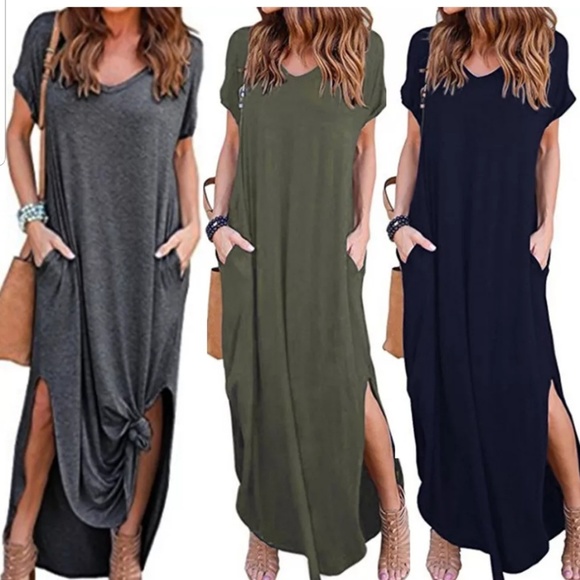 V-neck Short Sleeve Maxi Dress Side Pockets Slit - Picture 3 of 6